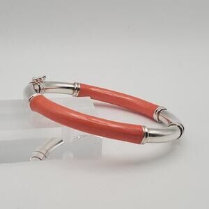 Milor Italy Sterling Silver 925 Orange Enamel Hinged Bangle Bracelet 6.75"